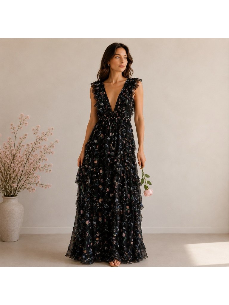 Macduggal Ieena Black Floral Ruffle Full Length Maxi Dress Size 4 S New Nwt $598
